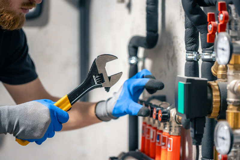 man-installs-heating-system-house-checks-pipes-with-wrench vision